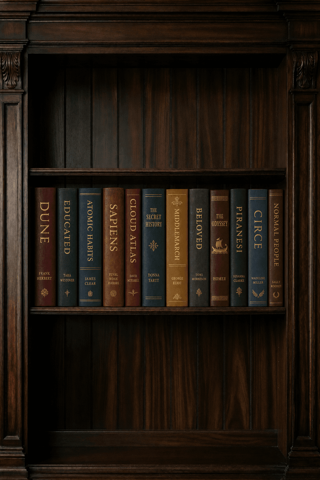 A generated bookshelf holding twelve hardcover books, each spine lettered in gold on leather
